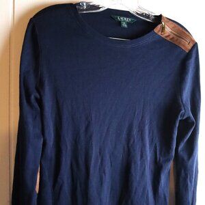 Lauren Ralph Lauren Womens Large Navy Blue Brown Elbow Patch Zipper Shirt
